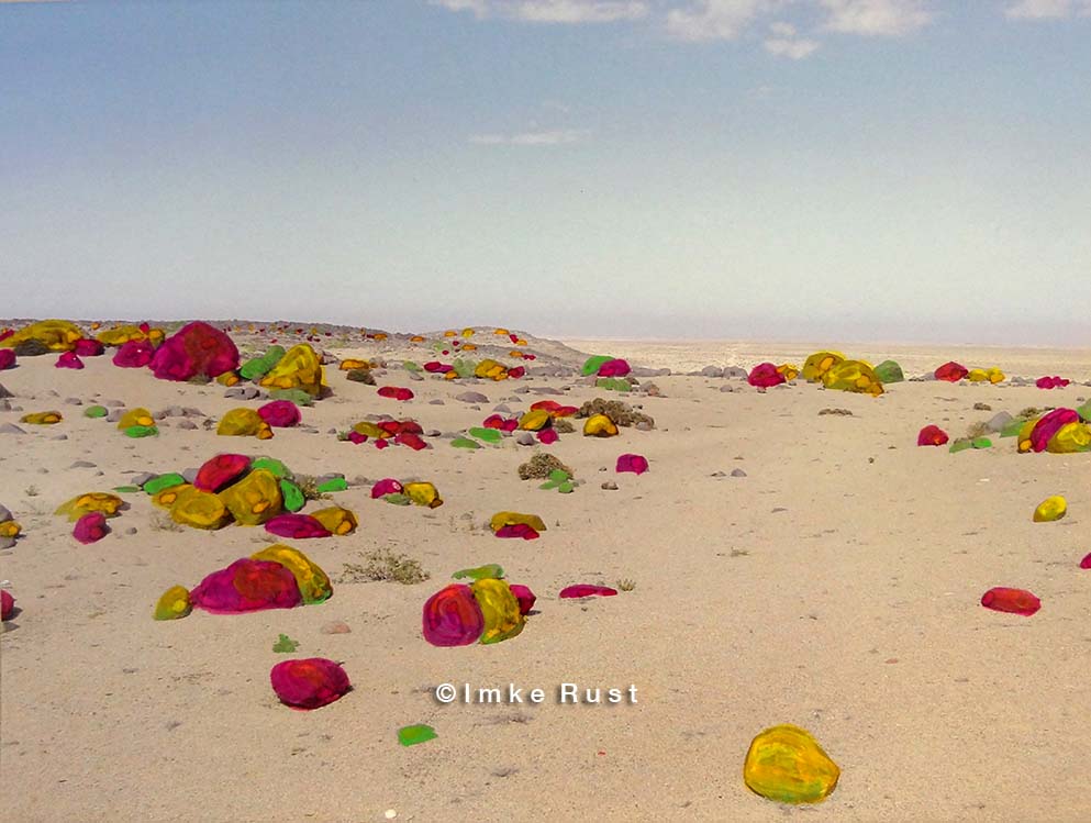 Toxic Black Rocks Hand-coloured photo of the Namib Desert Photo, Acrylic 15 x 20cm