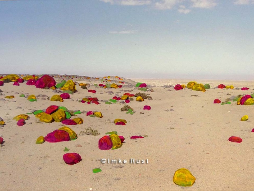 Toxic Black Rocks Hand-coloured photo of the Namib Desert Photo, Acrylic 15 x 20cm