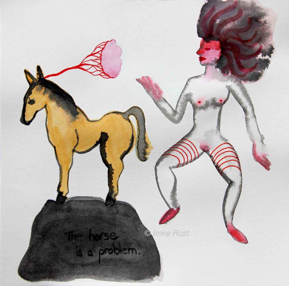 The Horse is a Problem Ink & watercolour on paper, 20x20cm by Imke Rust