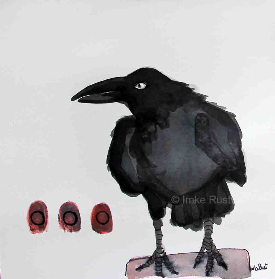Raven Ink & watercolour on paper, 20x20cm by Imke Rust