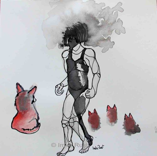 Girl Playing withInk and Foxes (Watercolour 6 ink on paper, 20x20cm by Imke Rust)