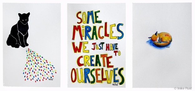 Some miracles... 3 artworks by Imke Rust (Guache, ink and pen on 170g/m2 acid free paper, each 21 x 29,7cm)