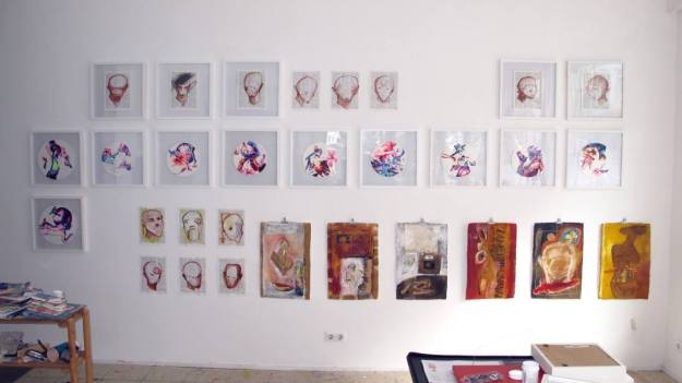 A picture taken during the hanging of the exhibition with works by Uta Göbel-Groß, Satadru Sovan and Imke Rust