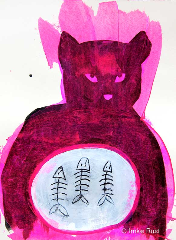 SOLD. Untitled (Pink cat with fishbones), Ink & Acrylic on acidfree paper 170g/m2 29,7 x21cm