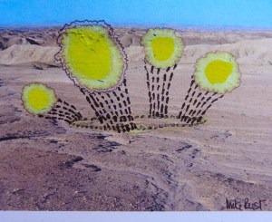 Small Accidents happen and turn into tiny, fun artworks. (home printed images with water spilled onto them by accident, deliberate felt pen markings added) about 5x5cm