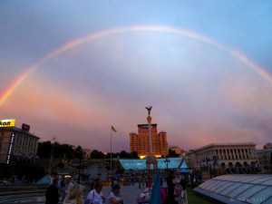 Looking at the hotel and a stunning rainbow over the Maidan, Kiev