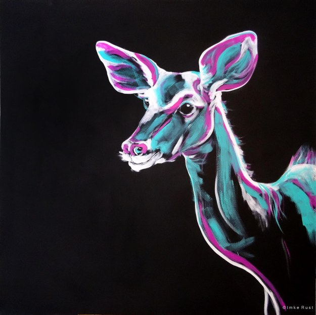 (Untitled (Kudu on black background), Acrylic on canvas, 100x100cm)