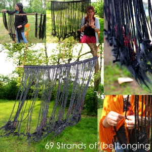 69 Strands of (be)Longing, Fake and natural hair, branch and wire. Artwork created by Imke Rust at the ILAM, May 2016